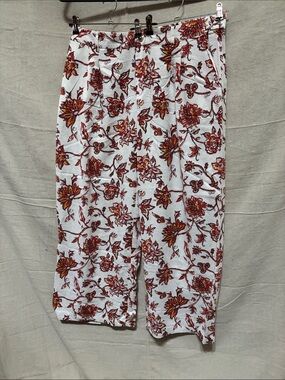 Wide Leg Floral Linen Blend Pants - White with Rust Floral